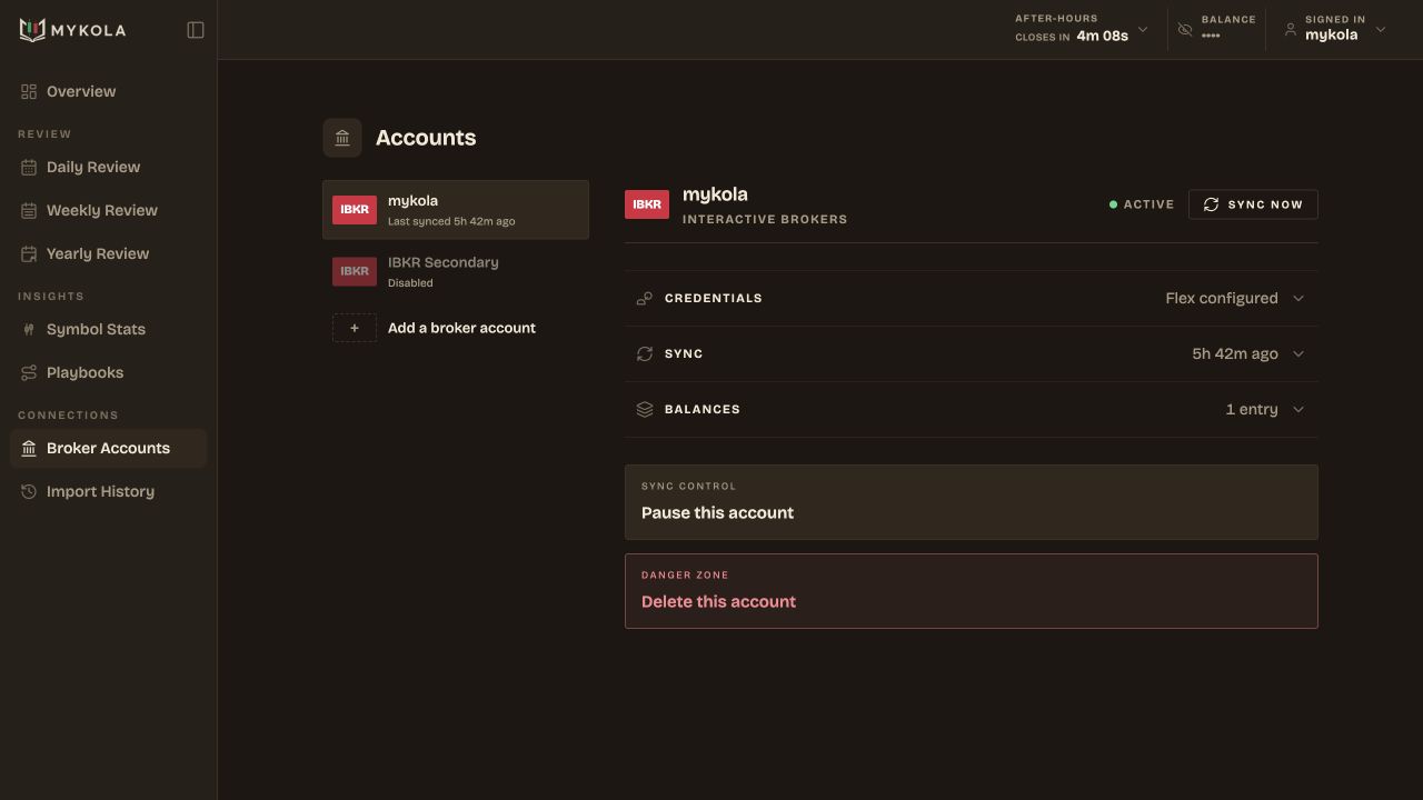 Real Mykola broker account management page showing connected Interactive Brokers accounts