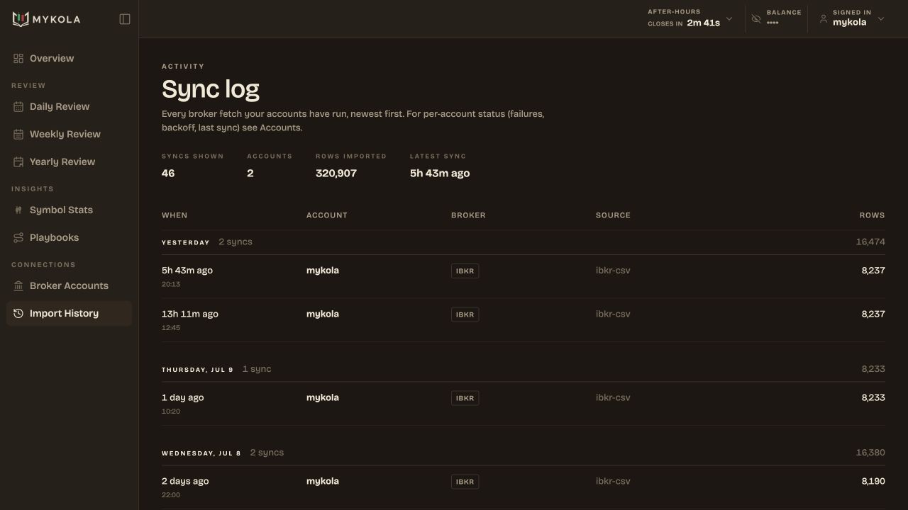 Real Mykola import history showing broker syncs and rows imported